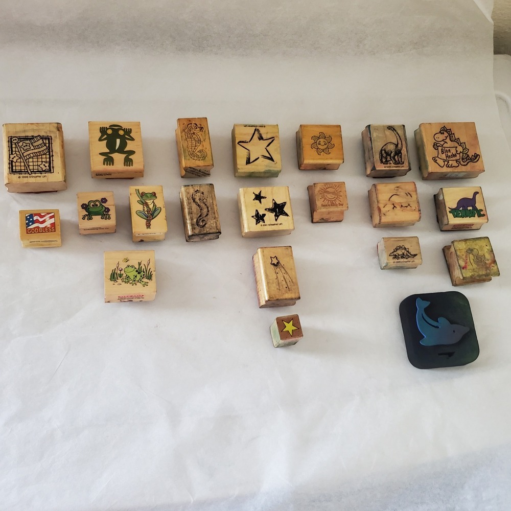 Vintage Rubber Stamp Lot Stampin Up Hero Arts Frogs Dinosaurs Stars 20pc Mixed